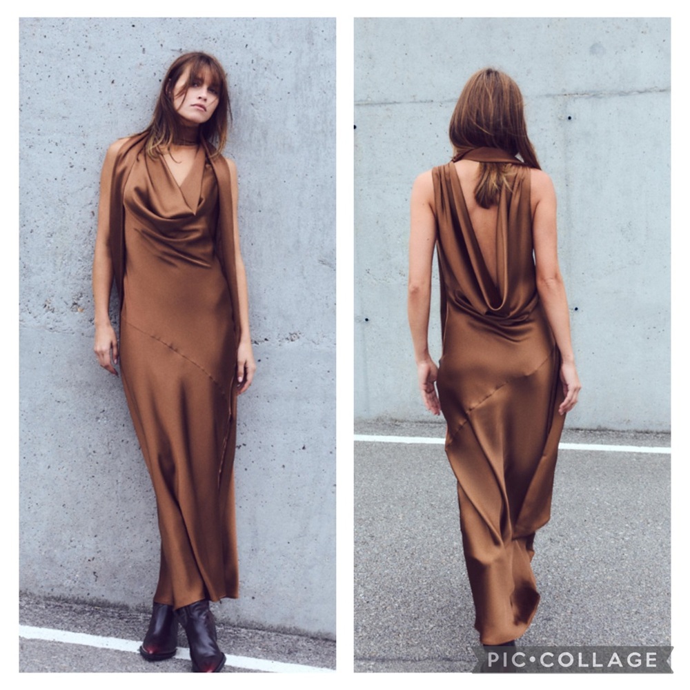 Zara Brown Midi Dress with Elegant Draped Neckline